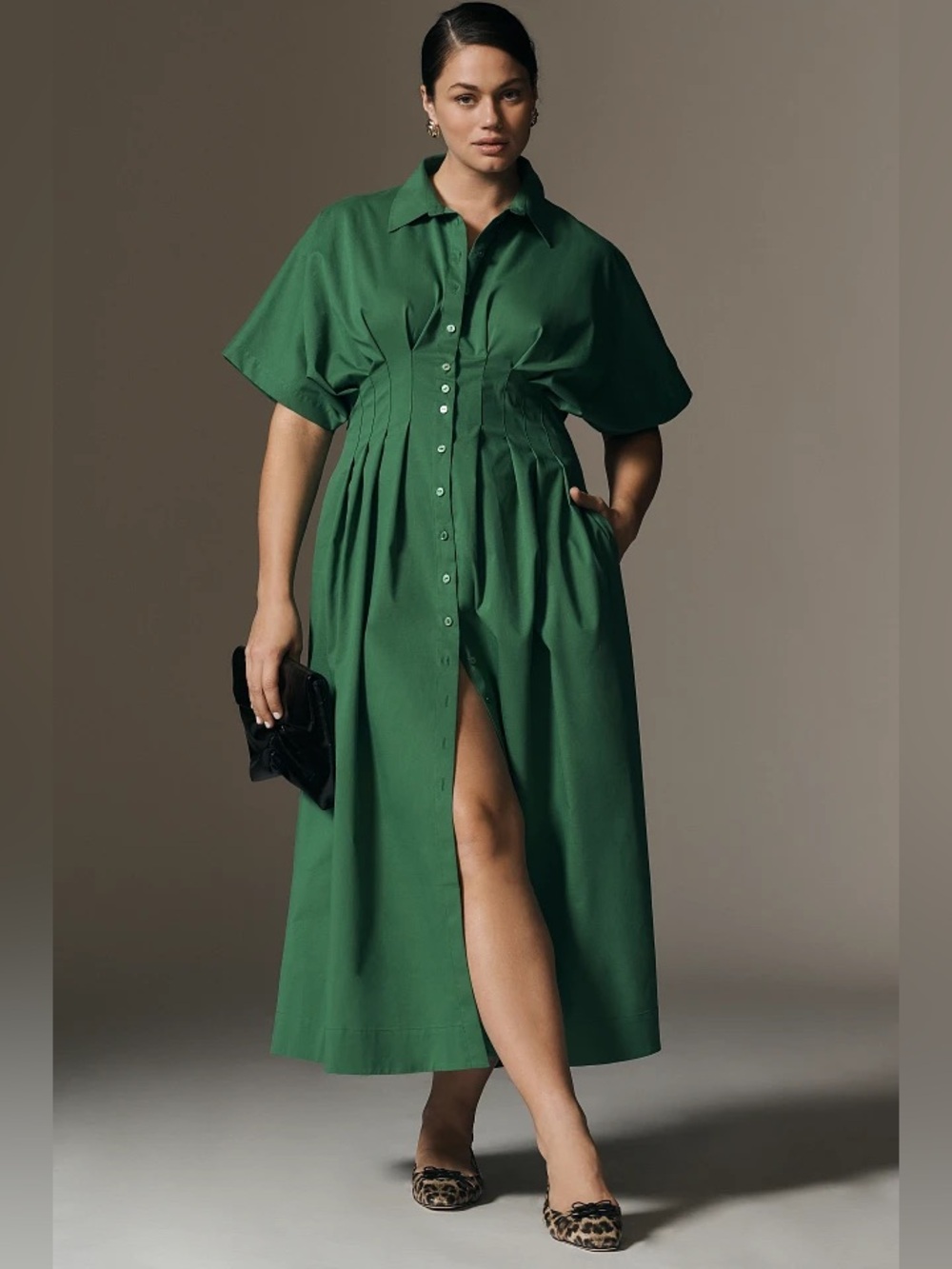 Exquise The Tobie Button-Front Pleated Shirt Dress Green Pockets Anthropologie
